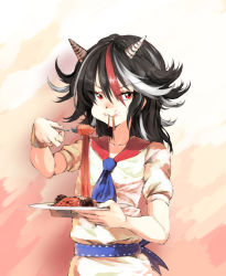 Rule 34 | 1girl, arm up, back bow, black hair, blue bow, bow, breasts, dress, dress bow, food, fork, gold bracelet, gradient background, horns, kijin seija, looking at viewer, meatball, medium hair, messy hair, multicolored hair, pasta, plate, red eyes, red hair, short sleeves, simple background, small breasts, solo, spaghetti, spaghetti and meatballs, streaked hair, sunnysideup, touhou, white dress, white hair