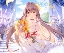 Rule 34 | 1girl, :d, bare arms, blue sky, bouquet, breasts, brown eyes, brown hair, cleavage, commentary request, drawing (object), dress, falling leaves, flower, hair flower, hair ornament, leaf, lily (flower), long hair, looking at viewer, miyase mahiro, mountainous horizon, open mouth, orange flower, original, sky, small breasts, smile, solo, stairs, standing, very long hair, wedding dress, white dress, window