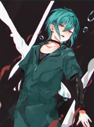 Rule 34 | abstract background, androgynous, bad id, bad twitter id, blush, gender request, green hair, highres, jewelry, jumpsuit, konbu wakame, neck ring, nijisanji, purple eyes, ryuushen, short hair, solo, virtual youtuber, water drop