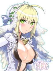 Rule 34 | 10s, 1girl, :&lt;, ahoge, blonde hair, blush, bodysuit, breasts, center opening, chain, cleavage, fate/extra, fate/extra ccc, fate/stay night, fate (series), flower, frown, green eyes, hair intakes, large breasts, lock, looking at viewer, nero claudius (bride) (fate), nero claudius (fate), nero claudius (fate) (all), padlock, robina, solo, unzipped, veil