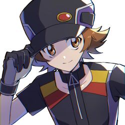 Rule 34 | 1boy, black gloves, black headwear, brown eyes, brown hair, collarbone, creatures (company), game freak, gloves, highres, hilbert (pokemon), hilbert (sygna suit) (pokemon), looking to the side, male focus, nintendo, official alternate costume, pokemon, pokemon masters ex, rrrisyf, shirt, simple background, smile, solo, upper body, white shirt