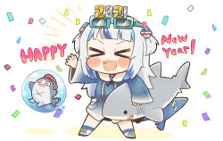 Rule 34 | &gt; &lt;, 1girl, 2021, :d, > <, bloop (gawr gura), blue hair, blunt bangs, blush stickers, chibi, closed eyes, commentary, confetti, dated commentary, english commentary, english text, eyewear on head, fins, fish tail, full body, gawr gura, happy new year, highres, hololive, hololive english, legs apart, long hair, long sleeves, multicolored hair, new year, open mouth, outstretched arm, same anko, shark tail, sharp teeth, smile, solo, streaked hair, stuffed animal, stuffed shark, stuffed toy, sunglasses, tail, teeth, two-tone hair, two side up, virtual youtuber, white hair, wide sleeves, xd