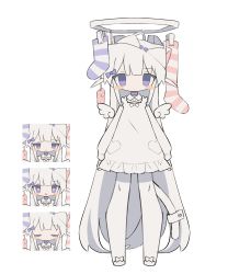 Rule 34 | 1girl, absurdres, angel wings, animal ears, arms at sides, blush stickers, bow, bra, bra on head, buttons, cat ears, chestnut mouth, closed eyes, clothes pin, collar, collared shirt, daizu (melon-lemon), detached wings, dress, dress bow, expressionless, expressions, footwear bow, frilled dress, frills, full body, hair bow, halo, heart, heart-shaped pupils, highres, jitome, long hair, long sleeves, looking at viewer, mini wings, no nose, object on head, open mouth, original, pale skin, pantyhose, pink pantyhose, portrait, purple bow, purple collar, purple eyes, purple pantyhose, shirt, shoes, short dress, simple background, sleeves past wrists, solo, standing, straight hair, striped clothes, striped pantyhose, symbol-shaped pupils, tareme, underwear, unworn socks, variations, very long hair, vibrator cord, white background, white bow, white bra, white dress, white footwear, white hair, white pantyhose, white shirt, wings