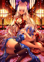 Rule 34 | 2girls, alternate costume, ass, bare arms, bare shoulders, barefoot, black legwear, blue hair, blue nails, bow, breasts, china dress, chinese clothes, commentary request, dress, feet out of frame, floral print, fujiwara no mokou, hair between eyes, hair bow, hand in own hair, hand up, hijikawa arashi, indoors, kamishirasawa keine, lap pillow, large breasts, long hair, looking at viewer, lying, multicolored hair, multiple girls, nail polish, no headwear, no shoes, on side, parted lips, pelvic curtain, petals, red dress, red eyes, side slit, silver hair, sitting, sleeveless, sleeveless dress, streaked hair, thighhighs, thighs, touhou, very long hair, white bow, window, wrist cuffs