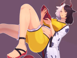Rule 34 | 1girl, animal ears, animal print, black hair, bra, breasts, cow ears, cow print, frilled bra, frilled shorts, frills, haori, holding, horns, japanese clothes, kakone, large breasts, looking at viewer, multicolored hair, navel, parted lips, purple background, red eyes, red footwear, red horns, sandals, shorts, simple background, solo, split-color hair, sports bra, statue, touhou, two-tone hair, underwear, ushizaki urumi, white hair, yellow shorts
