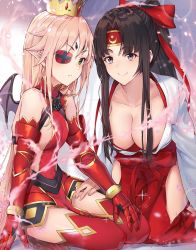Rule 34 | 2girls, aldra (queen&#039;s blade), aldra (queen&#039;s blade unlimited), armor, armored dress, black hair, blush, breasts, breasts out, cleavage, collarbone, crown, demon girl, demon wings, eyepatch, gauntlets, gloves, greaves, green eyes, hair over breasts, hair ribbon, hakama, hakama skirt, headband, horns, japanese clothes, large breasts, leaning forward, long hair, long sleeves, low-tied long hair, miko, multiple girls, no bra, open clothes, parted bangs, platinum blonde hair, pointy ears, ponytail, purple eyes, queen&#039;s blade, queen&#039;s blade unlimited, queen&#039;s blade white triangle, red hakama, red ribbon, ribbon, shiny skin, sidelocks, simple background, sitting, skirt, small breasts, smile, thighhighs, tomoe (queen&#039;s blade), tomoe (queen&#039;s blade unlimited), very long hair, wide sleeves, wings