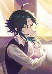 Rule 34 | 1boy, absurdres, ahoge, alternate costume, black hair, blue hair, chair, closed mouth, collared shirt, curtains, facial mark, forehead mark, genshin impact, highres, ice s s z, long sleeves, looking at viewer, male focus, multicolored hair, orange eyes, purple hair, shirt, sitting, solo, sweater vest, twitter username, white shirt, wind, window, xiao (genshin impact)