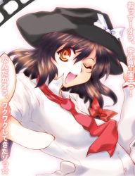 Rule 34 | 1girl, ;d, blush, collared shirt, fedora, female focus, ghostly field club, hase nanase, hat, long sleeves, looking at viewer, necktie, one eye closed, open mouth, orange eyes, red necktie, shirt, smile, solo, touhou, upper body, usami renko, white shirt