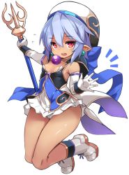 Rule 34 | 1girl, :d, bare shoulders, blue bow, blue hair, boots, bow, breasts, dark-skinned female, dark skin, earrings, elbow gloves, flying sweatdrops, full body, gloves, hair between eyes, hat, holding, jewelry, karukan (monjya), looking at viewer, noin (shinrabanshou), notice lines, open mouth, outstretched arm, panties, pleated skirt, pointy ears, red eyes, shinrabanshou, simple background, skirt, small breasts, smile, solo, teeth, underwear, upper teeth only, white background, white footwear, white gloves, white hat, white panties, white skirt