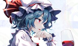 Rule 34 | 1girl, blue hair, commentary, cup, drinking glass, fingernails, from side, hat, hat ribbon, highres, parted lips, red eyes, red nails, red ribbon, remilia scarlet, ribbon, short hair, solo, touhou, upper body, white background, white hat, wine glass, wrist cuffs, yamanakaume