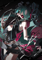 1girl absurdly_long_hair absurdres aqua_eyes aqua_hair arm_tattoo bare_legs bare_shoulders belt black_belt black_gloves black_nails breasts bright_pupils ca_(maeda_koutarou) calne_ca_(deino) covered_mouth earrings fingerless_gloves gloves hair_between_eyes hair_ornament hatsune_miku heterochromia highres jewelry jiu_ye_sang long_hair looking_at_viewer multiple_belts nail_polish nato-kun necklace needle open_clothes red_eyes scissors shaded_face shadow sidelocks single_fingerless_glove skull_necklace smile solo tattoo twintails very_long_hair vocaloid watch white_pupils wristwatch