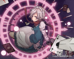 Rule 34 | 1girl, ace (playing card), ace of spades, ahoge, apron, blue dress, braid, card, daina (encore62), dress, embodiment of scarlet devil, female focus, hair ribbon, highres, izayoi sakuya, knife, lights, magic circle, maid, maid apron, maid headdress, playing card, pocket watch, red eyes, ribbon, scarf, silver hair, smile, solo, spade (shape), throwing knife, too many, touhou, twin braids, watch, weapon