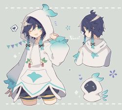 Rule 34 | 1boy, androgynous, barbatos (genshin impact), black hair, black shorts, blue hair, bow, braid, character name, cloak, closed eyes, detached wings, elemental (creature), english text, flower, flower (symbol), from behind, genshin impact, gradient hair, green eyes, heart, highres, hood, hood down, hood up, hooded cloak, hoodie, leaf, long sleeves, looking at viewer, looking back, male focus, multicolored hair, notice lines, one eye closed, open mouth, puffy sleeves, ribbon, seno genshin, short hair with long locks, shorts, simple background, smile, solo, speech bubble, tassel, twin braids, venti (genshin impact), white flower, white hoodie, wings