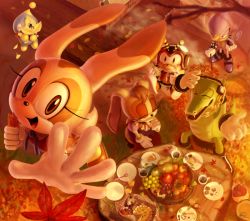 Rule 34 | autumn, autumn leaves, chao (sonic), charmy bee, cheese (sonic), cheese the chao, cream (sonic), cream the rabbit, crocodilian, eating, espio the chameleon, closed eyes, food, fork, from above, fruit, furry, gloves, multiple boys, multiple girls, open mouth, outdoors, outstretched hand, plate, rasein, sitting, smile, sonic (series), standing, vanilla the rabbit, vector the crocodile