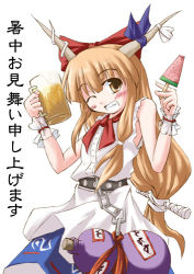 Rule 34 | 1girl, alcohol, ascot, bare shoulders, beer, belt, blue ribbon, blush, bottle, bow, buttons, chain, female focus, food, fringe trim, gourd, grin, horn ornament, horn ribbon, horns, ibuki suika, ice cream, koto (keioteo), long hair, low-tied long hair, lowres, name connection, neck ribbon, object namesake, one eye closed, orange eyes, orange hair, popsicle, red bow, red ribbon, ribbon, shirt, sleeveless, sleeveless shirt, smile, solo, tail, touhou, watermelon bar, white background, white shirt, wink, wrist cuffs, yellow eyes