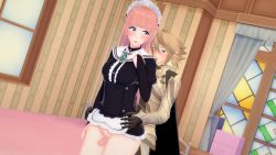 Rule 34 | 1boy, 1girl, 3d, animated, armor, bedroom, black gloves, blonde hair, blue eyes, bottomless, breasts, brooch, cape, corrin (fire emblem), corrin (male) (fire emblem), felicia (fire emblem), fingerless gloves, fire emblem, fire emblem fates, gloves, grinding, hands on own hips, highres, intercrural sex, jewelry, maid, maid headdress, nintendo, no panties, no pants, open mouth, parted bangs, penis, pink hair, pussy, red eyes, swept bangs, thigh sex, thighs, video