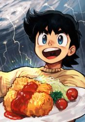 Rule 34 | 1boy, :d, ajiyoshi yoichi, blue eyes, blush, brown hair, cherry tomato, food request, hungry clicker, lightning, male focus, mister ajikko, open mouth, plate, smile, solo, storm, sweater, teeth, thunder, tomato, upper teeth only, wide-eyed, yellow sweater
