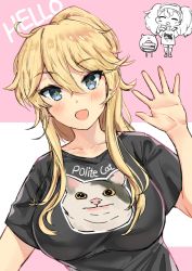 Rule 34 | 1other, 2girls, :d, abyssal ship, alternate costume, black shirt, blonde hair, blue eyes, blush, breasts, cat, clothes writing, collarbone, enemy lifebuoy (kancolle), english text, gambier bay (kancolle), hair between eyes, highres, iowa (kancolle), kantai collection, large breasts, long hair, looking at viewer, meme, multiple girls, open mouth, osananajimi neko, shirt, short sleeves, smile, solo focus, star-shaped pupils, star (symbol), symbol-shaped pupils, twintails, upper body, waving