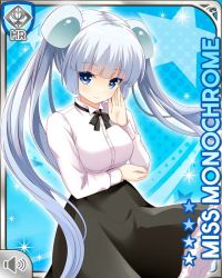 Rule 34 | 1girl, :o, black bow, black dress, blue background, blue eyes, blunt bangs, bow, card, character name, closed mouth, dress, girlfriend (kari), miss monochrome, miss monochrome (character), official art, qp:flapper, shirt, solo, tagme, thighhighs, twintails, white footwear, white hair, white shirt