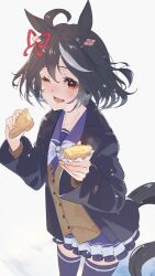 Rule 34 | 1girl, absurdres, ahoge, animal ears, black coat, black hair, black thighhighs, blazer, blush, bob cut, brown cardigan, cardigan, coat, collarbone, commentary request, double-parted bangs, feet out of frame, food, hair between eyes, hair ornament, hair ribbon, hands up, highres, holding, holding food, horse ears, horse girl, horse tail, jacket, kitasan black (umamusume), long sleeves, looking at viewer, multicolored hair, one eye closed, open clothes, open jacket, open mouth, purple sailor collar, purple shirt, purple skirt, red eyes, red ribbon, ribbon, roasted sweet potato, sailor collar, school uniform, shirt, short hair, simple background, skirt, smile, solo, streaked hair, sweet potato, tail, thighhighs, tracen school uniform, two side up, umamusume, white background, white hair, yakousei a