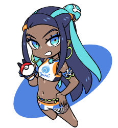 Rule 34 | 1girl, bad id, bad tumblr id, bare shoulders, bike shorts, bikini, bikini shorts, black gloves, blue eyes, blue hair, chan co, chibi, clothes writing, commentary, creatures (company), crop top, cropped legs, dark-skinned female, dark skin, earrings, feet out of frame, game freak, gloves, gym leader, hair bun, hair ornament, hairclip, hoop earrings, jewelry, long hair, looking at viewer, multicolored hair, navel, necklace, nessa (pokemon), nintendo, open mouth, partially fingerless gloves, poke ball, poke ball (basic), pokemon, pokemon swsh, shorts, simple background, single hair bun, sketch, smile, solo, standing, stomach, streaked hair, sweatband, swimsuit, tankini, two-tone hair, very long hair