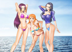 Rule 34 | 3girls, :d, bikini, bikini bottom only, black hair, blue eyes, blue one-piece swimsuit, boa hancock, breasts, brown eyes, cleavage, earrings, highres, jewelry, large breasts, leaning forward, legs, looking at viewer, midriff, multiple girls, nami (one piece), navel, nico robin, one-piece swimsuit, one piece, open mouth, orange hair, purple hair, purple one-piece swimsuit, side-tie bikini bottom, smile, standing, swimsuit, tattoo, yunbou