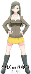 Rule 34 | 10s, 1girl, absurdres, black eyes, black hair, boots, character name, copyright name, english text, full body, girls und panzer, hands on own hips, highres, jacket, kaya (nari1-24), knee boots, long hair, long sleeves, looking at viewer, military, military uniform, miniskirt, nishi kinuyo, pleated skirt, skirt, smile, socks, solo, standing, uniform, white background