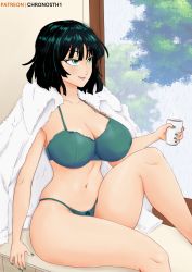 Rule 34 | 1girl, absurdres, artist name, black hair, bra, breasts, coat, cup, feet out of frame, fubuki (one-punch man), fur coat, green bra, green eyes, green panties, gummslime, highres, holding, holding cup, large breasts, md5 mismatch, nail polish, navel, one-punch man, panties, rain, resolution mismatch, self-upload, short hair, sitting, smile, solo, source smaller, thighs, tree, underwear