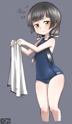 Rule 34 | 10s, 1girl, amayadori machi, black hair, brown eyes, ekz (robotekz), flat chest, highres, holding, kumamiko, long hair, looking at viewer, one-piece swimsuit, ribbon, school swimsuit, solo, swimsuit, thighs, twintails, wide hips
