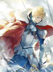 Rule 34 | 1boy, armor, arthur pendragon (fate), blonde hair, blood, blood on face, blood splatter, blood on clothes, blue eyes, breastplate, cape, commentary request, ekita kuro, excalibur (fate/prototype), fate/prototype, fate (series), faulds, fur trim, gauntlets, gorget, highres, holding, holding sword, holding weapon, male focus, parted lips, red cape, shoulder armor, smile, solo, sparks, pauldrons, standing, sword, weapon