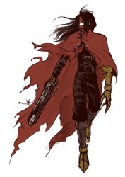 Rule 34 | 1boy, black hair, clawed gauntlets, cloak, final fantasy, final fantasy vii, gun, handgun, headband, covered mouth, igusaharu, leather, long hair, looking to the side, pointed footwear, red cloak, red headband, revolver, torn clothes, vincent valentine, weapon, white background