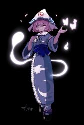 Rule 34 | 1girl, asutoro (s--t), black background, black footwear, blue hat, blue kimono, closed mouth, full body, hat, highres, japanese clothes, kimono, long sleeves, looking to the side, mob cap, obi, pink eyes, pink hair, saigyouji yuyuko, sash, shaded face, shoes, short hair, signature, simple background, smile, socks, solo, touhou, triangular headpiece, white socks, wide sleeves