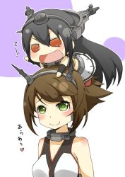 Rule 34 | 2girls, b-man, black hair, brown hair, chibi, chibi on head, closed eyes, green eyes, hairband, headgear, heart, idolmaster, kantai collection, long hair, looking up, multicolored background, multiple girls, mutsu (kancolle), nagato (kancolle), namco, on head, open mouth, parody, person on head, personification, puchimasu!, red eyes, red legwear, short hair, simple background, skirt, smile, style parody, translated