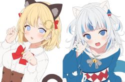 Rule 34 | 2girls, :d, animal ears, bell, black hairband, blonde hair, blue eyes, blue hair, blue hoodie, blue nails, bow, breasts, brown skirt, cat ears, cat tail, claw pose, collared shirt, commentary, dress shirt, english commentary, fake animal ears, gawr gura, gawr gura (1st costume), grey hair, grey hairband, hair ornament, hairband, hand up, high-waist skirt, highres, hitsukuya, hololive, hololive english, hood, hood down, hoodie, jingle bell, long sleeves, looking at viewer, medium breasts, multicolored hair, multiple girls, nail polish, open mouth, red bow, sharp teeth, shirt, simple background, skirt, smile, streaked hair, tail, tail raised, teeth, two side up, unfinished, upper body, virtual youtuber, watson amelia, white background, white shirt, wide sleeves