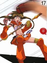 Rule 34 | 00s, 1girl, brown hair, flat chest, forest keeper nowa, hirata katsuzou, long hair, monkey, nowa (queen&#039;s blade), nowa (queen's blade), pointy ears, queen&#039;s blade, revealing clothes, ruu (queen&#039;s blade), skirt, solo, staff, twintails, yellow eyes