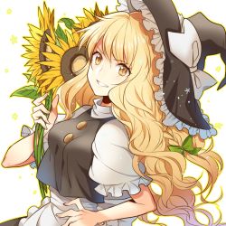 Rule 34 | apron, black hat, blonde hair, bow, braid, flower, green bow, grin, hair bow, harano (aptamer), hat, hat bow, holding, holding flower, kirisame marisa, long hair, looking at viewer, puffy short sleeves, puffy sleeves, short sleeves, single braid, smile, solo, sunflower, touhou, upper body, very long hair, vest, waist apron, wavy hair, white bow, witch hat, yellow eyes
