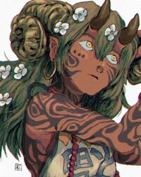 Rule 34 | 1girl, arm tattoo, facial tattoo, flower, goat horns, green hair, hair flower, hair ornament, horns, nose piercing, nose ring, oni horns, original, piercing, simple background, solo, tattoo, ttanne, upper body, white background, yellow eyes