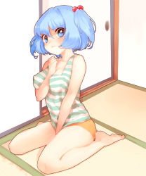 Rule 34 | 1girl, alternate costume, bad id, bad pixiv id, barefoot, between breasts, blue eyes, blue hair, breasts, contemporary, covered erect nipples, female focus, glaring, hair bobbles, hair ornament, highres, homua, kawashiro nitori, large breasts, matching hair/eyes, no bra, short hair, shorts, solo, tank top, tatami, touhou, twintails, two side up
