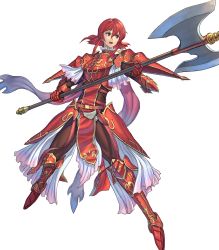 Rule 34 | 1girl, armor, armored boots, armored dress, axe, battle axe, boots, breastplate, fire emblem, fire emblem: mystery of the emblem, fire emblem: shadow dragon, fire emblem heroes, full body, gauntlets, gloves, headband, highres, holding, holding weapon, izuka daisuke, minerva (fire emblem), nintendo, official art, open mouth, pauldrons, red armor, red eyes, red hair, short hair, shoulder armor, solo, transparent background, weapon