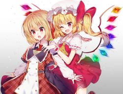 Rule 34 | 2girls, :o, ;d, ascot, black skirt, blonde hair, blush, bow, buttons, clothes in front, commentary request, cowboy shot, crystal, double-breasted, dress, fang, flandre scarlet, frilled shirt collar, frilled sleeves, frills, gradient background, grey background, hat, hat bow, holding, holding clothes, kawachi rin, long sleeves, mob cap, multiple girls, one eye closed, one side up, open mouth, pink eyes, plaid, plaid dress, pointy ears, puffy short sleeves, puffy sleeves, red bow, red eyes, red skirt, rumia, shirt, short hair, short sleeves, skin fang, skirt, skirt set, smile, touhou, vest, white shirt, wings, wrist cuffs