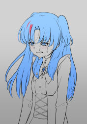 Rule 34 | 1girl, absurdres, blue hair, brooch, chtholly nota seniorious, crying, flat chest, grey background, highres, jewelry, long hair, long sleeves, mountain han, multicolored hair, simple background, solo, spot color, streaked hair, tears, two side up, upper body