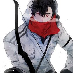 Rule 34 | 1boy, black hair, bow (weapon), breath, coat, fur trim, gloves, haikyuu!!, hair between eyes, highres, holding, holding bow (weapon), holding weapon, hood, hood up, kuroo tetsurou, looking to the side, male focus, mgmg 1012, outdoors, red eyes, scarf, solo, weapon, winter, winter clothes, winter coat