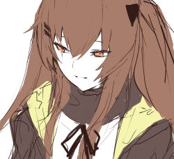 1girl, bangs, black jacket, black ribbon, brown eyes, brown hair, eyebrows visible through hair, ff frbb122, girls frontline, highres, jacket, long hair, looking down, neck ribbon, open clothes, open jacket, open mouth, ribbon, scar, scar across eye, shirt, solo focus, twintails, ump9 (girls frontline), white background, white shirt