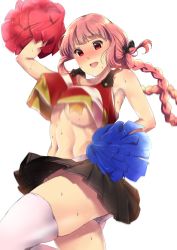 Rule 34 | 1girl, arm up, armpits, blush, braid, breasts, cheerleader, covered erect nipples, crop top, crop top overhang, fate/grand order, fate (series), florence nightingale (fate), hisayaki kyuu, large breasts, long hair, looking at viewer, midriff, miniskirt, navel, open mouth, panties, pantyshot, pasties, pink hair, pom pom (cheerleading), red eyes, skirt, sleeveless, smile, solo, star (symbol), star pasties, thighhighs, thighs, underwear, white thighhighs