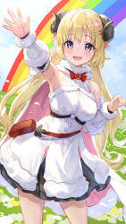Rule 34 | 1girl, ahoge, animal ears, armpits, bag, blonde hair, blue sky, blush, bow, bowtie, breasts, brooch, cape, cloud, cloudy sky, commentary, cowboy shot, day, detached sleeves, dress, field, flower, flower field, fur-trimmed dress, fur-trimmed sleeves, fur trim, guchico, hair ornament, hair ribbon, hairclip, handbag, highres, hololive, horns, jewelry, long hair, looking at viewer, medium breasts, open mouth, outdoors, outstretched hand, pink cape, pink ribbon, purple eyes, rainbow, red bow, red bowtie, ribbed sleeves, ribbon, sheep ears, sheep horns, sky, smile, solo, tsunomaki watame, tsunomaki watame (1st costume), virtual youtuber, waving, white dress