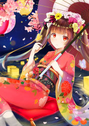 Rule 34 | 1girl, absurdres, bad id, bad pixiv id, blunt bangs, bow, branch, breasts, brown hair, bug, butterfly, cherry blossoms, closed mouth, cushion, eroge- (artist), floating hair, floral print, flower, glowing butterfly, hair bow, hair flower, hair ornament, hand up, highres, holding, holding umbrella, insect, japanese clothes, kimono, lantern, lantern on liquid, long hair, long sleeves, looking at viewer, night, night sky, obi, obon, oil-paper umbrella, orange eyes, original, paper lantern, petals, petals on liquid, pink bow, pink flower, print kimono, print sash, red kimono, ripples, sash, sidelocks, sitting, sky, small breasts, smile, solo, star (sky), starry sky, twintails, umbrella, water, white legwear, wide sleeves, yellow flower