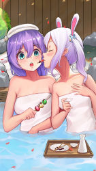 Rule 34 | 2girls, alcohol, azur lane, blush, breasts, cherry blossoms, chinese commentary, chocolate, chocolate on face, choko (cup), cleavage, closed eyes, collarbone, commentary request, cup, dango, floating, floating object, food, food on face, green eyes, hair between eyes, highres, holding, holding food, javelin (azur lane), laffey (azur lane), licking, licking another&#039;s face, light purple hair, multiple girls, naked towel, onsen, partially submerged, petals, petals on liquid, purple hair, sakazuki, sake, sanshoku dango, sidelocks, skewer, small breasts, surprised, tokkuri, towel, tray, twintails, wagashi, wuguno ziran juan, yuri