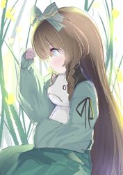 Rule 34 | 1girl, bad id, bad twitter id, blue eyes, blush, bow, braid, brown hair, commentary, dress, english commentary, from side, green bow, green dress, hair bow, highres, holding, holding stuffed toy, long hair, long sleeves, original, profile, side braid, simple background, solo, stuffed animal, stuffed cat, stuffed toy, yinpa (wanone500511)