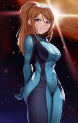 Rule 34 | 1girl, absurdres, arms behind back, blonde hair, blue bodysuit, blue eyes, blush, bodysuit, breasts, commentary, covered navel, english commentary, high ponytail, highres, long hair, long sleeves, looking at viewer, luxpineapple, medium breasts, metroid, mole, mole under mouth, nintendo, parted lips, ponytail, samus aran, shiny clothes, sidelocks, simple background, skin tight, smile, space, star (sky), teeth, thick thighs, thighs, turtleneck, zero suit