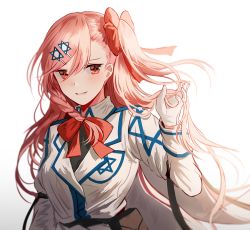 Rule 34 | 1girl, blush, bow, braid, breasts, collared shirt, commentary, girls&#039; frontline, gloves, grey shirt, hair between eyes, hair bow, hair flip, hair ornament, hair ribbon, hairclip, hexagram, holding, holding own hair, jacket, long hair, looking at viewer, neck ribbon, negev (girls&#039; frontline), one side up, open mouth, pink hair, pouch, red bow, red eyes, red ribbon, ribbon, shirt, silence girl, simple background, smile, solo, star of david, upper body, white gloves